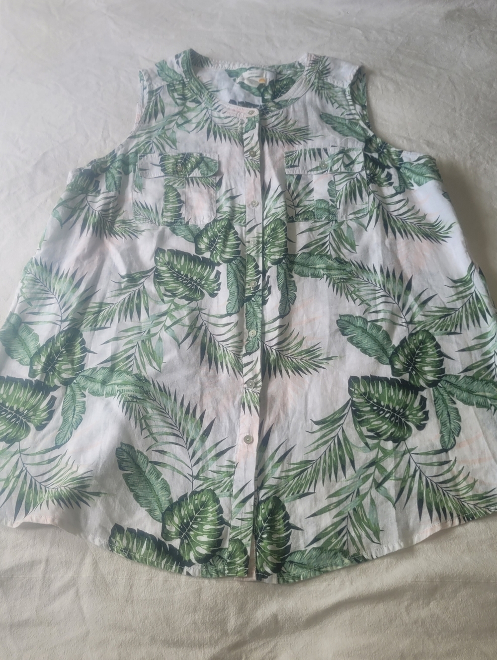 C&C California Womens 2X Linen Sleeveless Top Ivory Tropical Print Resort Casual